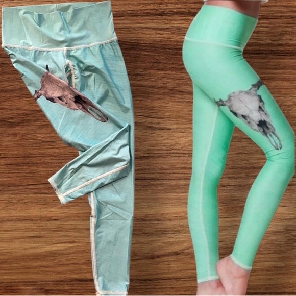 Teeki Deer Medicine Hot Pants Leggings Deer Skull Teal Green Small VGUC - Picture 1 of 11